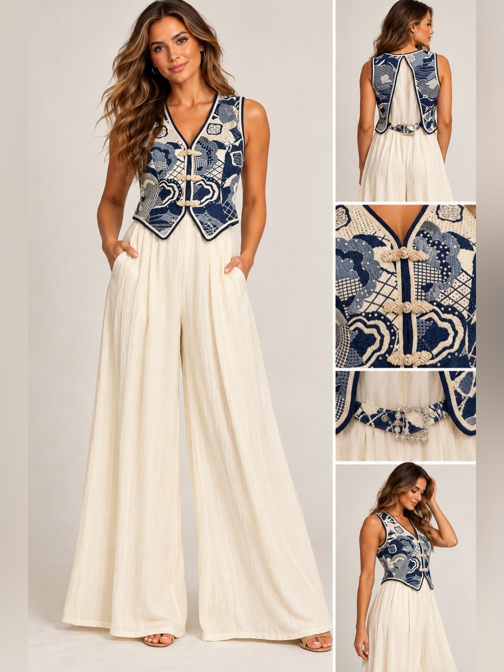 Vintage Tadashi Tapestry Vest Wide-Leg Jumpsuit with Navy Embroidered Vest Sz 4